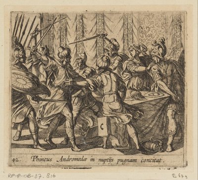 Phineus verstoort de bröllop av Perseus en Andromeda Phineus provocerar Andromeda att slåss på hennes bröllop (titel på objekt) Metamorfoseon eller transformationer (serietitel) Metamorfosen van Ovidius (serietitel) av Antonio Tempesta