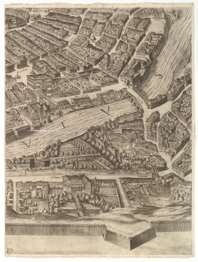Plan över staden Rom. Del 10 med Tibern och Villa Farnesina, 1645. av Antonio Tempesta