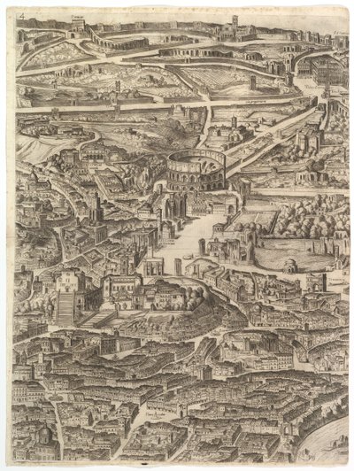 Plan över staden Rom. Del 4 med Santa Maria i Aracoeli, Forum Romanum, ..., 1645. av Antonio Tempesta
