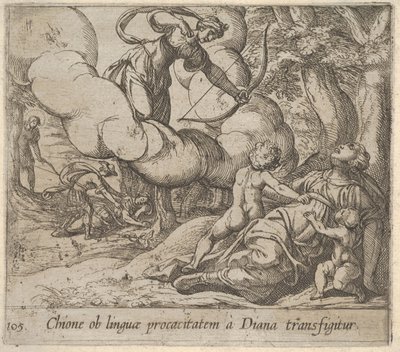 Plåt 105: Diana riktar sin pilbåge mot Chione, som åtföljs av två barn, år 1606. av Antonio Tempesta