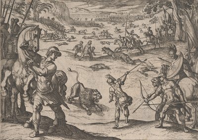 Plåt 11: Alexanders lejonjakt, från Alexander den stores gärningar, 1608., av Antonio Tempesta