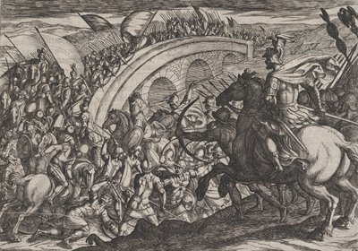 Platta 11: Civilis trupper som korsar Maasfloden, från The War of the Romans Against the ..., 1611. av Antonio Tempesta