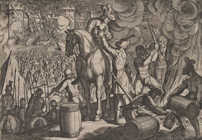 Platt 13: Attack på den romerska fästningen på natten, från The War of the Romans Against the Ba..., 1611. av Antonio Tempesta