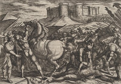 Platta 17: Romarna vilseleds av Civilis häst att tro att han var död eller skadad, från..., 1611. av Antonio Tempesta