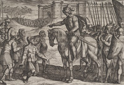 Plåt 19: Män från fästningen överlämnar sig och lovar sina liv till Civilis, från kriget ..., 1611. av Antonio Tempesta