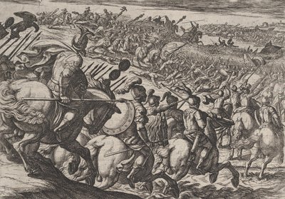Plåt 25: Den romerske befälhavaren Cerialis attackerar nära Trier, från The War of the Romans Agai..., 1611. av Antonio Tempesta