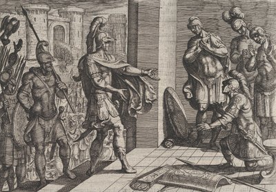 Plåt 26: Cerialis benådar och avlastar romerska soldater som hade hjälpt Civilis, från The Wa..., 1611. av Antonio Tempesta