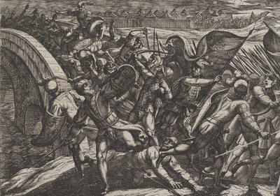 Plåt 27: Holländarna under en överraskningsattack av det romerska lägret vid Mosel, från The Wa..., 1611. av Antonio Tempesta