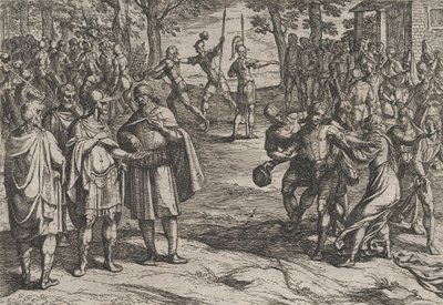 Platt 2: Romarna tar gamla holländska män som gisslan och förför unga, från kriget..., 1611. av Antonio Tempesta