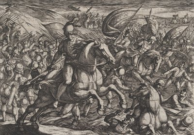 Plåt 30: Cerialis driver holländarna in i Rhen, från The War of the Romans Against th..., 1611. av Antonio Tempesta