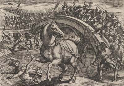 Plåt 31: Civilis tvingad att stiga av och simma över floden, från The War of the Romans..., 1611. av Antonio Tempesta