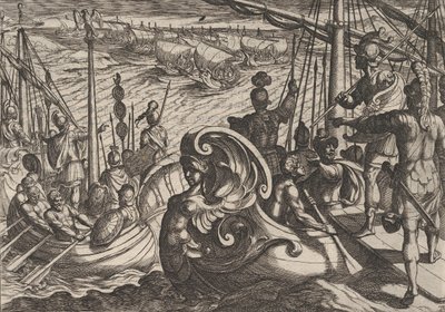 Plåt 33: Holländska och romerska flottiler på Rhen, från The War of the Romans Against the B..., 1611. av Antonio Tempesta