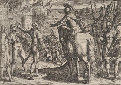 Platta 34: Romarna bränner den holländska landsbygden, från The War of the Romans Against the..., 1611. av Antonio Tempesta