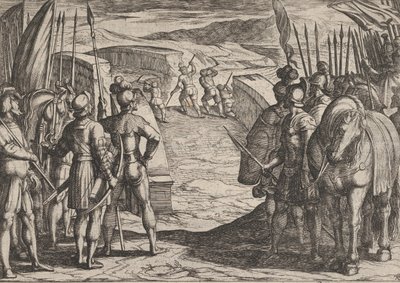 Platt 35: Bataverna blir rädda och börjar fredssamtal, från The War of the Romans Ag..., 1611. av Antonio Tempesta