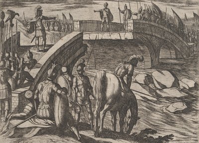 Platta 36: Civilis och Cerialis möts på en bruten bro för att nå en överenskommelse, från The War of..., 1611. av Antonio Tempesta
