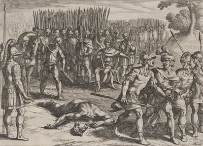 Plåt 3: Claudius Civilis arresterad och hans bror Paulus halshuggen, från The War of the Ro..., 1611. av Antonio Tempesta