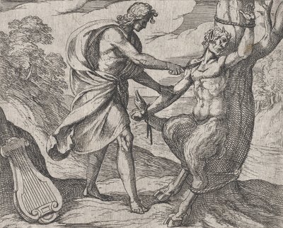 Plåt 58: Apollo Killing Marsyas Marsyas besegrad av Apollo, från Ovids 