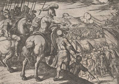Platta 5: Alexander dirigerar ett slag, från Alexander den stores gärningar, 1608., av Antonio Tempesta