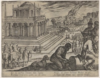 Plåt 5: Mausolus grav, stenhuggare gör en kolumn till höger, från De sju underverken..., 1608. av Antonio Tempesta