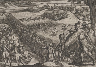 Platta 6: Romarna besegrade nära Rhen, från The War of the Romans Against the Batavians ..., 1611. av Antonio Tempesta