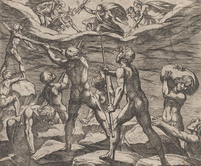 Plåt 6: Jättarna som försöker storma Olympus Gigantomachia, från Ovidius 