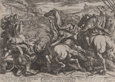 Plåt 6: Israeliterna besegrade av kanaanéerna för att ha varit olydiga mot Moses..., ca. 1590-ca. 1610. av Antonio Tempesta