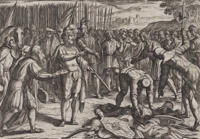 Plåt 7: Tyska sändebud besöker Civilis, från The War of the Romans Against the Batavians Ro..., 1611. av Antonio Tempesta