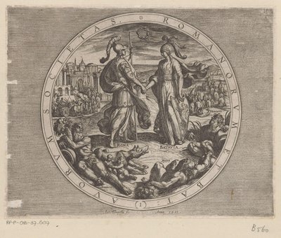 Rome en Batavia schudden varandra de hand Society of the Romans and the Dutch (titel på objekt) De Bataafse oorlogen tegen de Romeinen (serietitel) Slaget mellan holländarna med romarna (serietitel) av Antonio Tempesta
