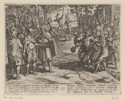 Romarna köper de unga holländska männen av de holländska äldre De bataviska krigen mot romarna (serietitel) Batavorum cum Romanis Bellum (serietitel) av Antonio Tempesta