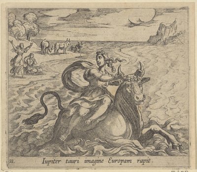 Takbil Europa Jupiter fångar Europa i bilden av en tjur (titel på objekt) Metamorfoseon eller transformationer (serietitel) Metamorfosen van Ovidius (serietitel) av Antonio Tempesta