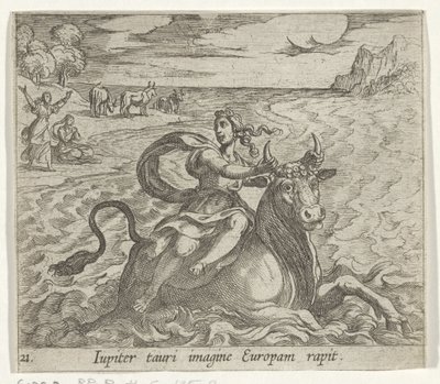 Takbil Europa Jupiter fångar Europa i bilden av en tjur (titel på objekt) Metamorfoseon eller transformationer (serietitel) Metamorfosen van Ovidius (serietitel) av Antonio Tempesta
