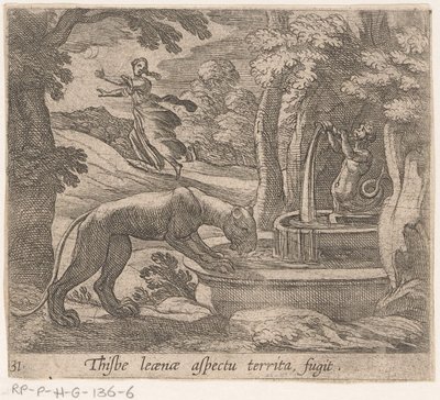Thisbe vlucht voor the leeuwin av bron Detta är aspekten av territoriumflykten (titel på objekt) Metamorphosis and Transformation (serietitel) The Metamorphoses of Ovid (serietitel) av Antonio Tempesta