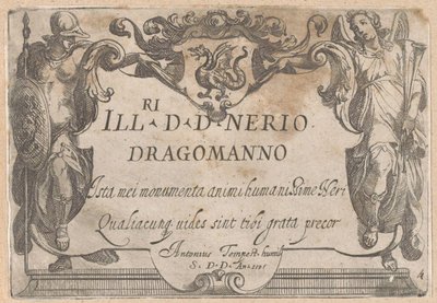 Titeltryck med kartusch med dedikation, flankerad av Minerva och Faam Jaktscener (del 1) (serietitel) av Antonio Tempesta