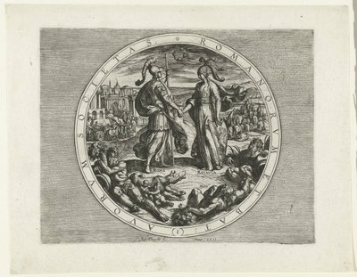 Titelprent voor de serie De Bataafse Opstand, 69-70 Society of the Romans and the Dutch (1) (titel på objektet) De Bataafse Opstand (serietitel) Holländarnas krig med romarna, à Cor. Tacito / De Batavische Oft Oude Hollandtsche Oorloghe teghen de Romeynen  av Antonio Tempesta