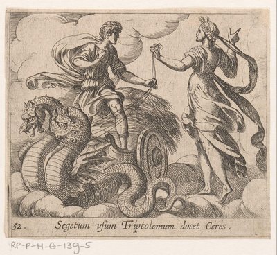 Triptolemus ontagunt de wagon van Ceres Ceres lär Triptolemus grödan (titel på objekt) Metamorfoseon eller transformationer (serietitel) Metamorfosen van Ovidius (serietitel) av Antonio Tempesta