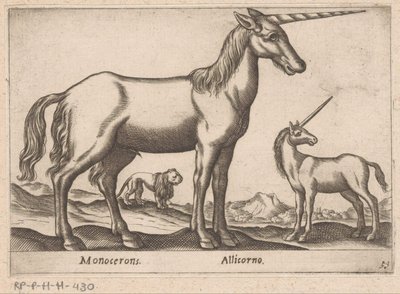 Två enhörningar och ett lejon Monocerons/ Allicorno (titel på objekt) Djur och mytiska varelser (serietitel) Nova raccolta de li animali piu curiosi del mondo (serietitel) av Antonio Tempesta