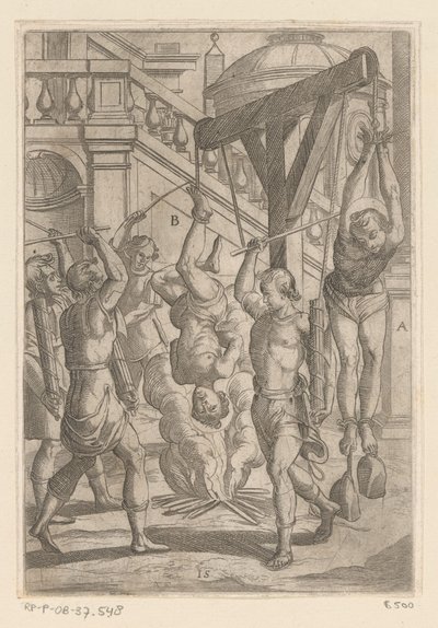 Brinnande hänger upp och ner och slår Tortyr som lidit av kristna martyrer (serietitel) Varia tormentorum et supplicioru crudelium (...) (serietitel) av Antonio Tempesta