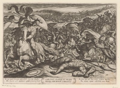 Sauls självmord efter hans nederlag av filistéerna Saul post cladem et necem fillor sibl morte conscivit (titel på objekt) Gamla testamentets stridsscener (serietitel) av Antonio Tempesta