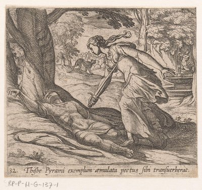 Zelfmoor van Thisbe Thijsbe hade korsat sitt bröst efter exemplet med Pyramus (titel på objekt) Metamorfoseon eller transformationer (serietitel) Metamorfosen van Ovidius (serietitel) av Antonio Tempesta