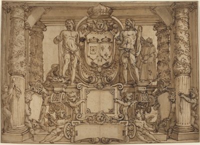 En arkitektonisk väggdesign för att hedra Henry IV, den galliska Hercules av Antonio Tempesta or Agostino Ciampelli