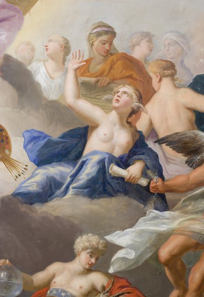 Arkitektur, med en rulla som avslöjar en arkitektonisk ritning, och Vinter med Stenbocken, detalj av taket i Painted Room (målat tak) av Antonio Verrio