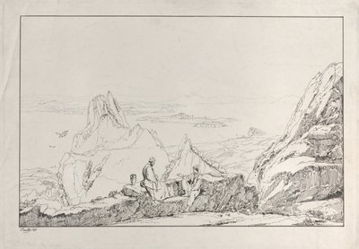 Bergigt landskap med två män i förgrunden, 1828. av Antonio Vianello
