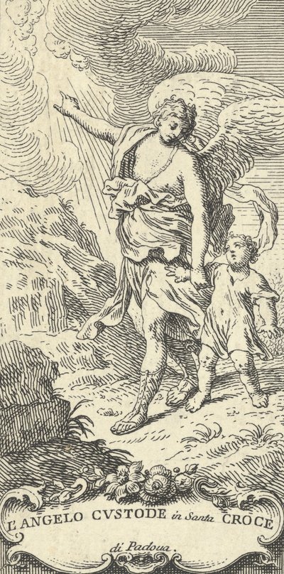 En ängel leder en ung pojke och gör en gest mot molnen, ca. 1708-82. av Antonio Visentini