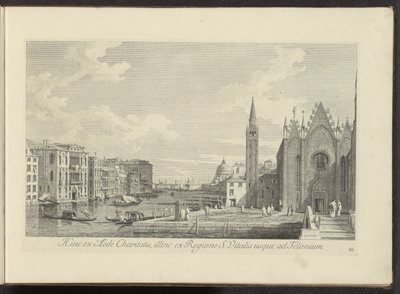Se på Canal Grande en de Chiesa di Santa Maria della Carità te Venetië På den här sidan från välgörenhetshuset, på andra sidan från regionen S. Vitalis så långt som till Telonium (titel på objektet) Den mest kända utsikten över staden Venedig, från Antoniu av Antonio Visentini