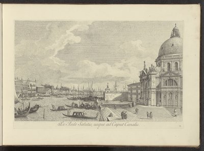 Se på Canal Grande och Santa Maria della Salute i Venedig Från Frälsningens hus till kanalchefen (titel på objekt) Den mest kända utsikten över staden Venedig, från Antoniuskanalens 38 paneler, tryckta i mässing av Antonio Visentini, i tre delar av Antonio Visentini