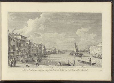 Se på Canal Grande och kyrkan i Santa Chiara i Venedig Från tvättstugan till House of St. Clare där kanalen slutar (titel på objekt) Den mest kända utsikten över staden Venedig, från Antoniuskanalens 38:e panel, tryckt i mässing av Antonio Visentini i av Antonio Visentini