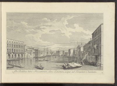 Utsikt över Canal Grande i Venedig Från Foscars hus på denna sida, på andra sidan Linos, så långt som till Välgörenhetstemplet (titel på objektet) Den mest kända utsikten över staden Venedig, från Antoniuskanalens 38 paneler, tryckta i mässing av Antonio V av Antonio Visentini