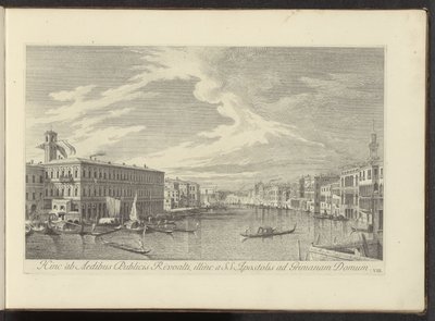 Utsikt över Canal Grande i Venedig Härifrån till Public Houses of Rivoalti, på andra sidan från SS. Apostlar till Grimana-huset (titel på objekt) Den mest kända utsikten över staden Venedig, från Antoniuskanalens 38 paneler i mässing, tryckta av Antonio Vi av Antonio Visentini