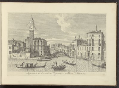 Se över Cannaregio i Palazzo Labia i Venedig Ingång till Royal Canal från St. Jeremiahs hus (titel på objektet) Den mest kända utsikten över staden Venedig, från Antonio Canals 38 paneler tryckta på luft av Antonio Visentini, uppdelade i tre delar av Antonio Visentini
