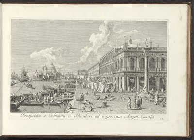Hoek van het San Marcoplein med de Biblioteca Marciana Utsikt från Column of St. Theodore till ingången till Canal Grande (titel på objektet) Den mest kända utsikten över staden Venedig, från Antoniuskanalens 38 paneler i mässing, tryckta av Antonio Visent av Antonio Visentini